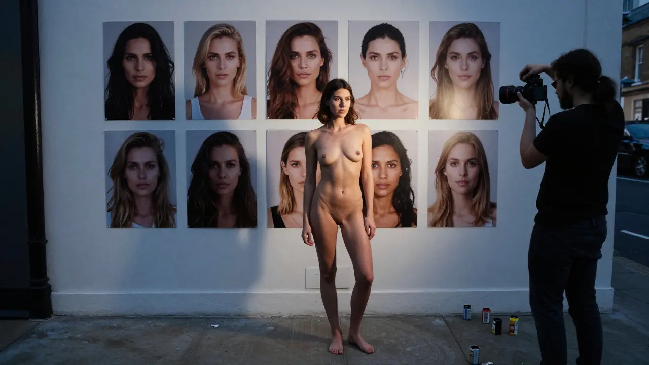 A modern female model standing barefoot in a Soho loft, being photographed with raw, unstyled authenticity.