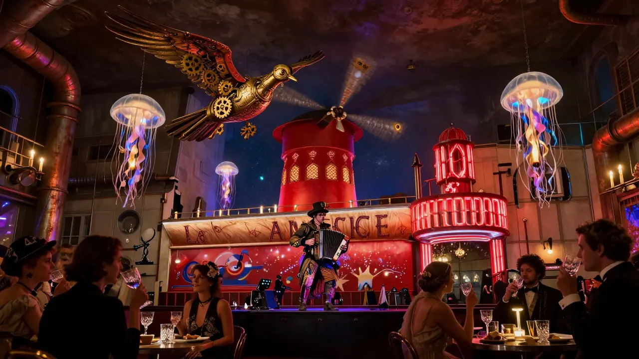 A mystical underground club with floating candles, mechanical birds, and steampunk decor beneath a Parisian theater.