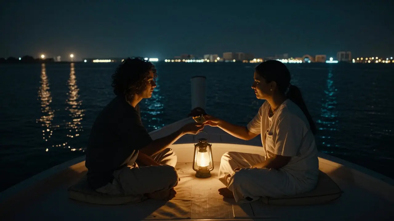 A private dhow cruise at night under starry skies, two figures sharing a calm moment on deck.