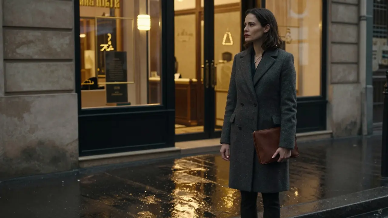 A professional woman standing alone at dusk in Paris, elegant coat, glowing hotel entrance in background.
