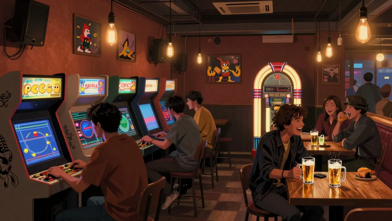 A retro arcade bar filled with classic games like Pac-Man and Donkey Kong, lit by neon and warm bulbs.