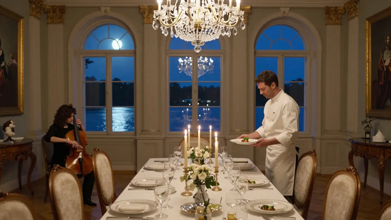 A romantic private dinner in a grand palace ballroom, lit by candles and chandeliers, with a string quartet playing softly.
