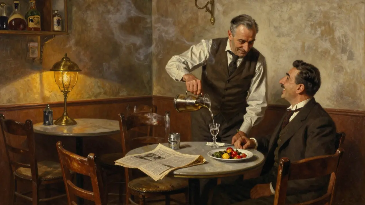 A smoky, vintage bar in Beyoğlu with worn wooden chairs, a bartender pouring raki, and warm lamplight reflecting off tables.