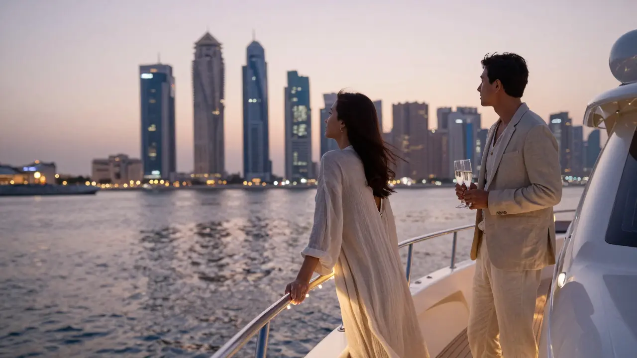 A woman and companion on a private yacht at twilight, watching Dubai Marina&#039;s skyline glow as the sun sets.