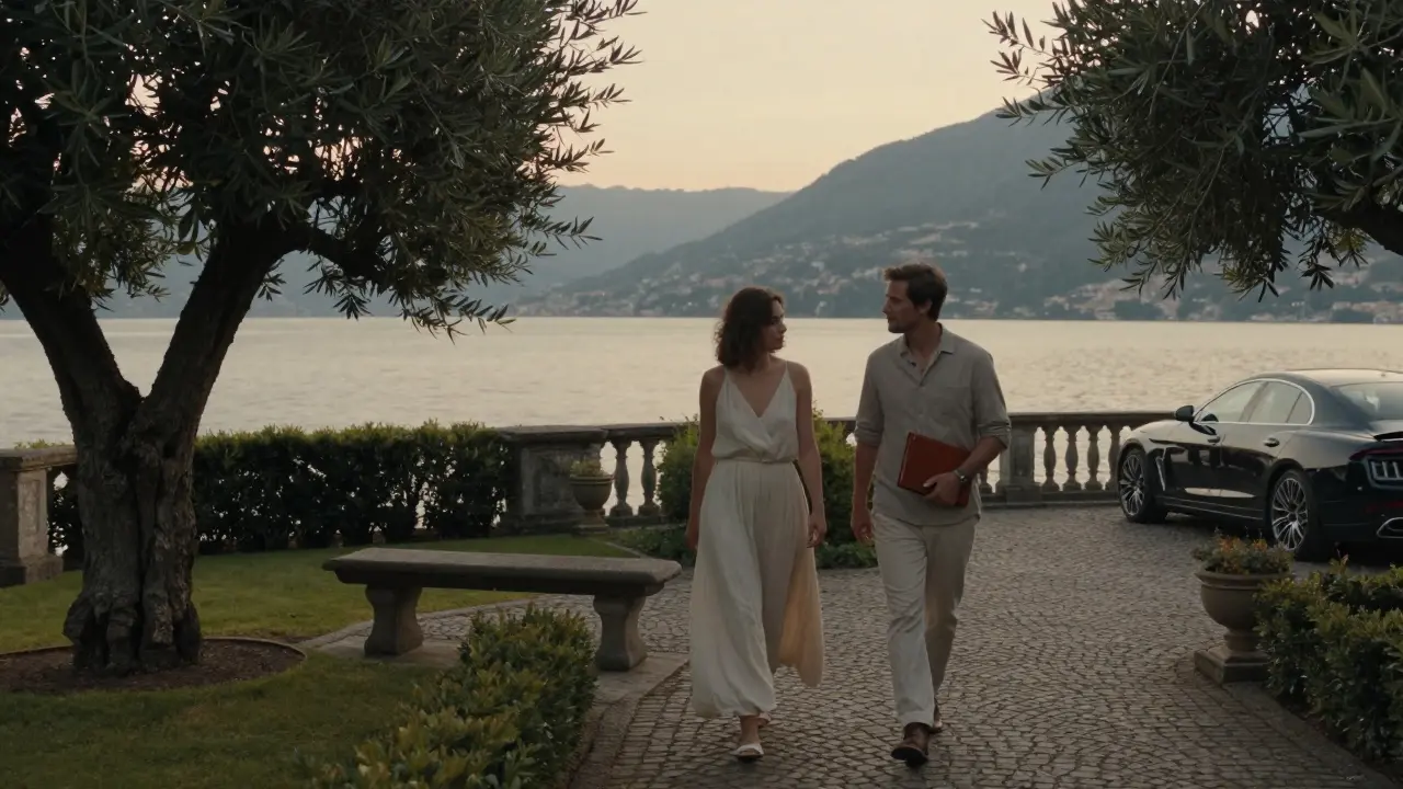 A woman and man walking in a tranquil garden by Lake Como, overlooking the water at sunset.