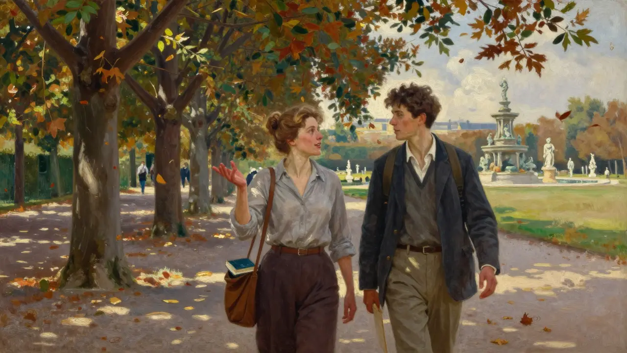 A woman and traveler strolling through Luxembourg Gardens, autumn leaves falling, books and sketchpads in hand.