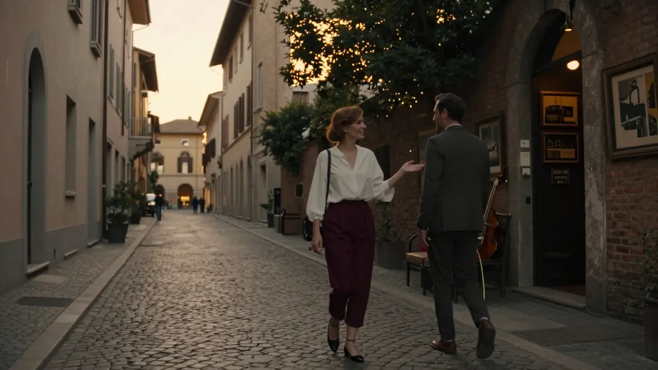 A woman guides a man through the historic Brera district at sunset, pointing to a hidden jazz bar.