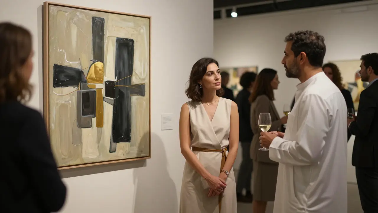A woman in a minimalist gown listens attentively to a man at a private art opening in Abu Dhabi, surrounded by contemporary paintings.