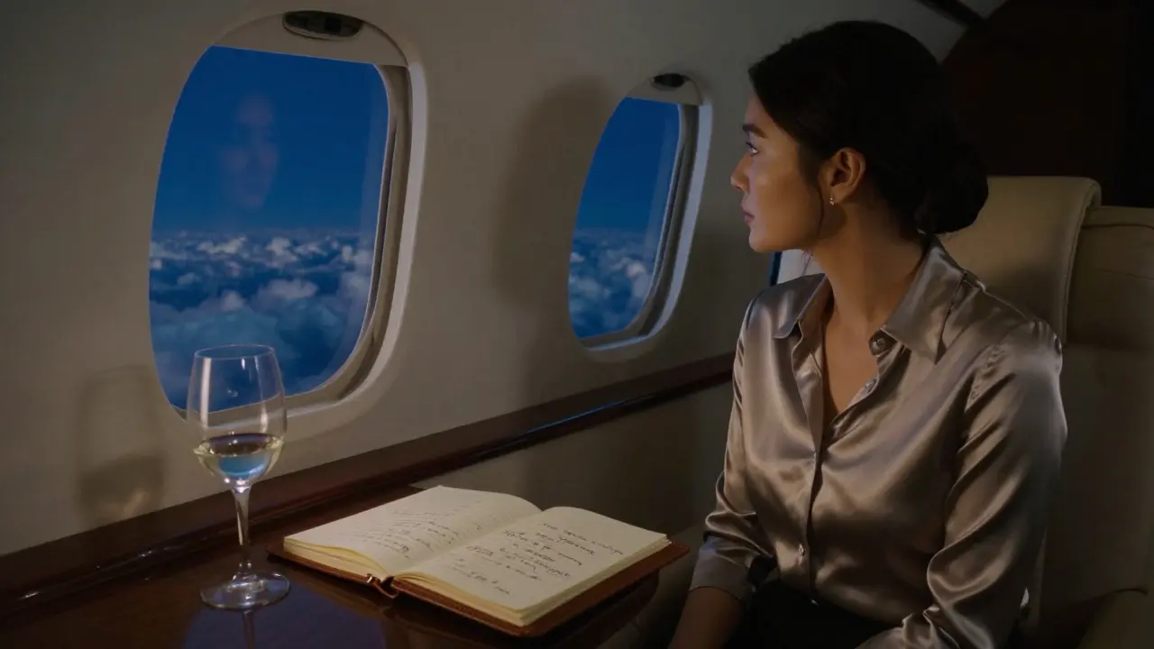 A woman on a private jet looks out the window, her reflection showing distant cities, with a notebook beside her wine glass.