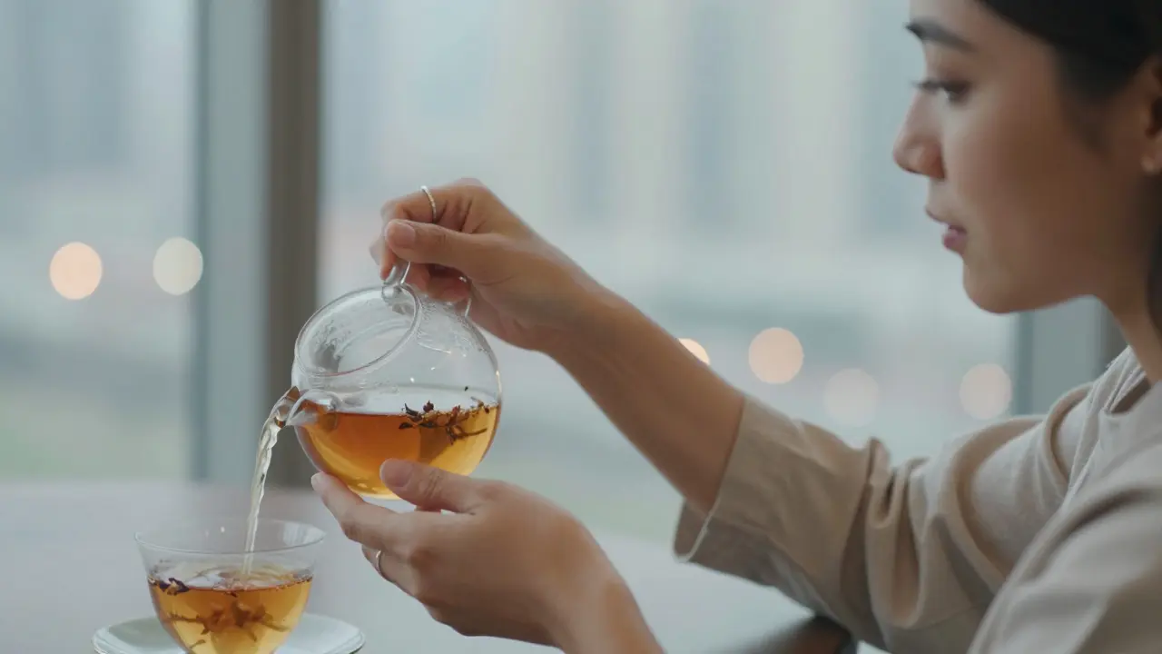 A woman pouring tea, her hands detailed, while a man watches with gentle curiosity, city lights blurred behind them.