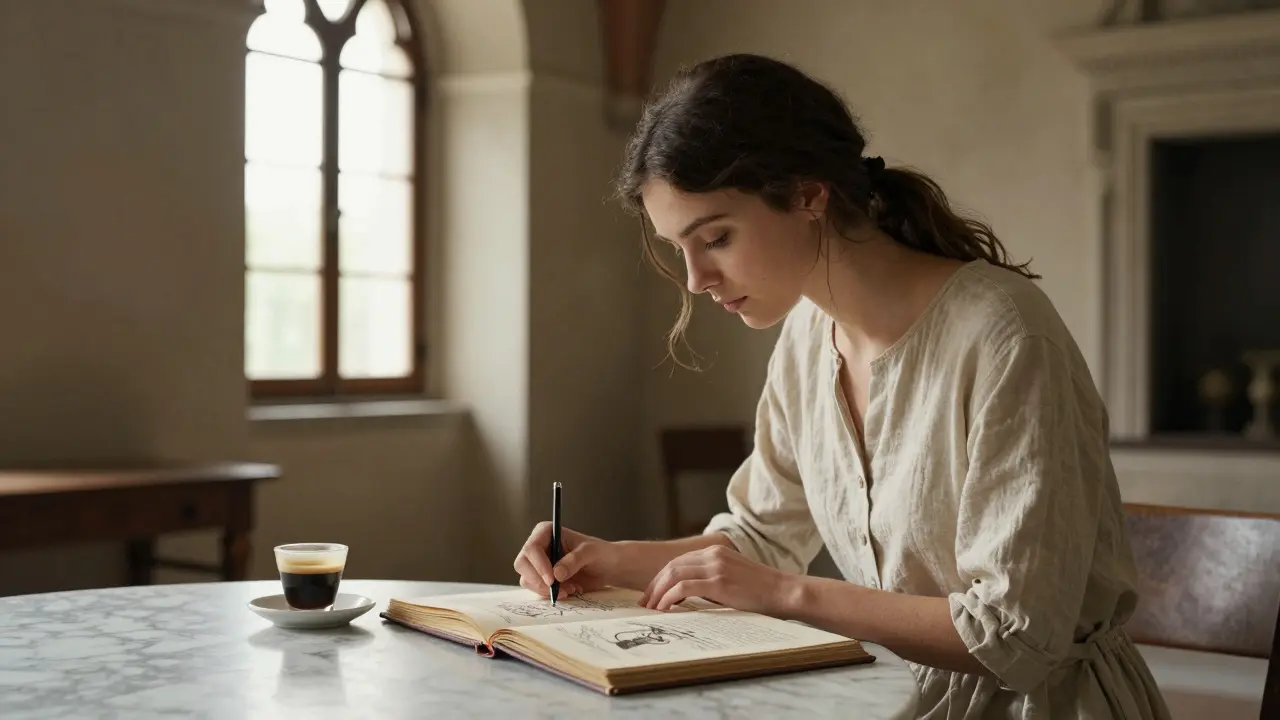 A woman studying Renaissance sketches in a sunlit cloister, companion standing quietly beside her.