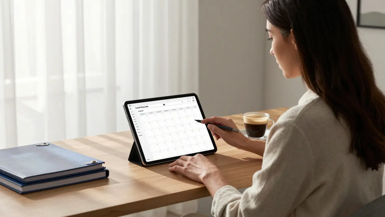A woman updates a digital calendar in a modern Milan home office, folders labeled &#039;Health Records&#039; and &#039;Exit Plan&#039; visible.