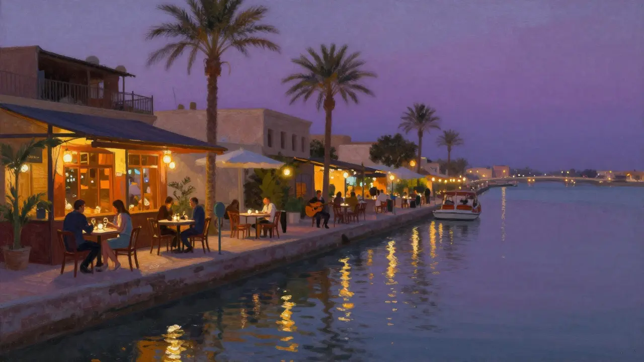 Al Qana waterfront promenade at dusk with lit bars, reflective water, and acoustic music under twilight skies.