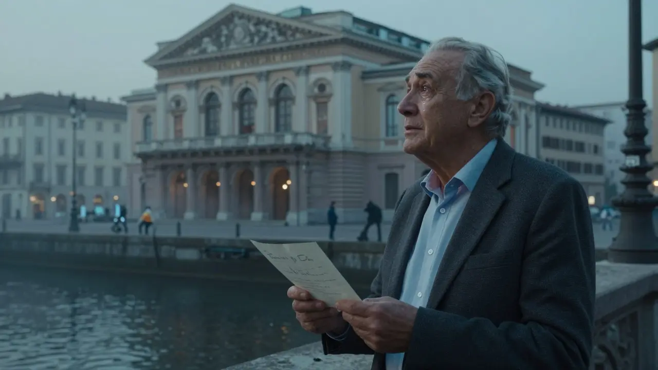 An elderly man stands outside La Scala opera house at dawn, holding a letter, overcome with emotion.
