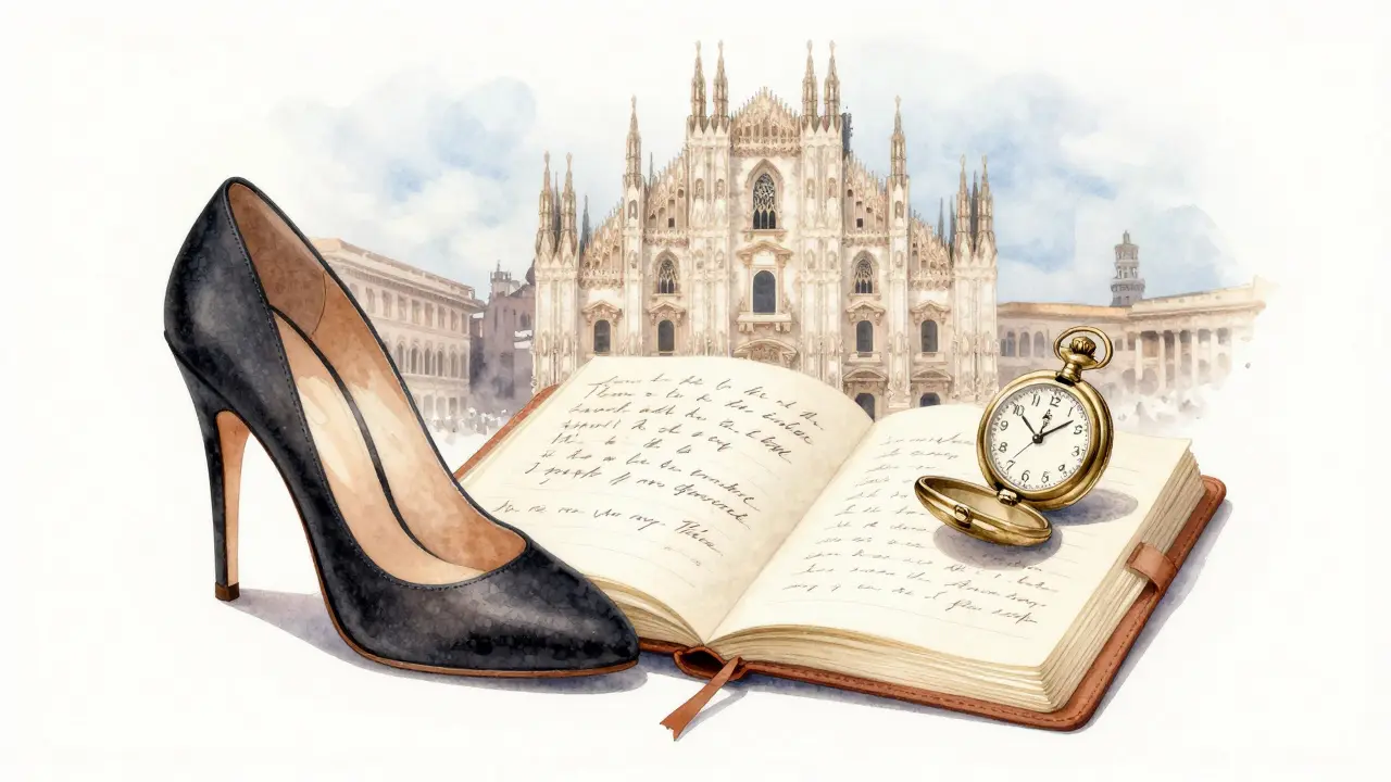 An elegant high-heeled shoe and open journal with art notes beside a pocket watch in Milan.