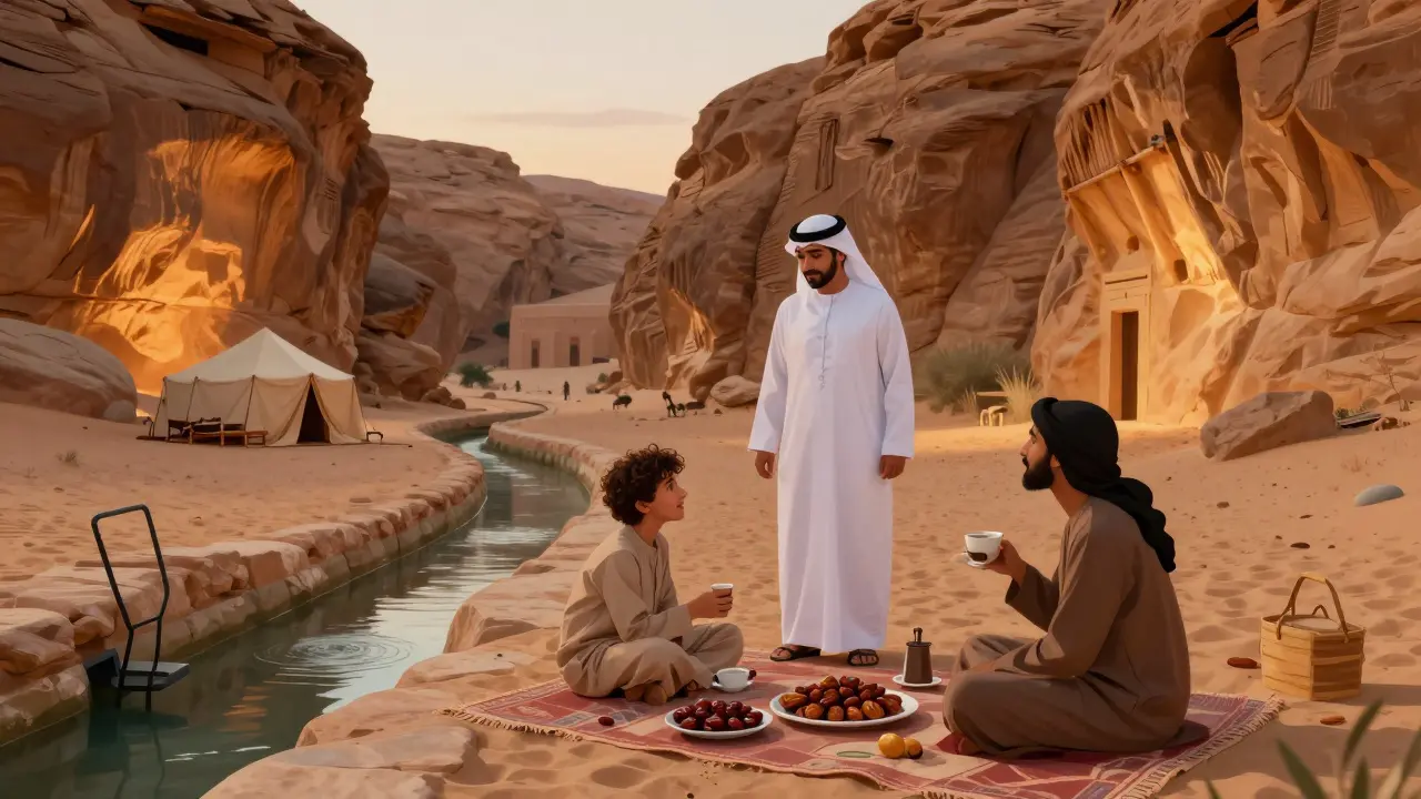 An Emirati guide shares a desert picnic with a visitor, highlighting traditional culture and heritage.