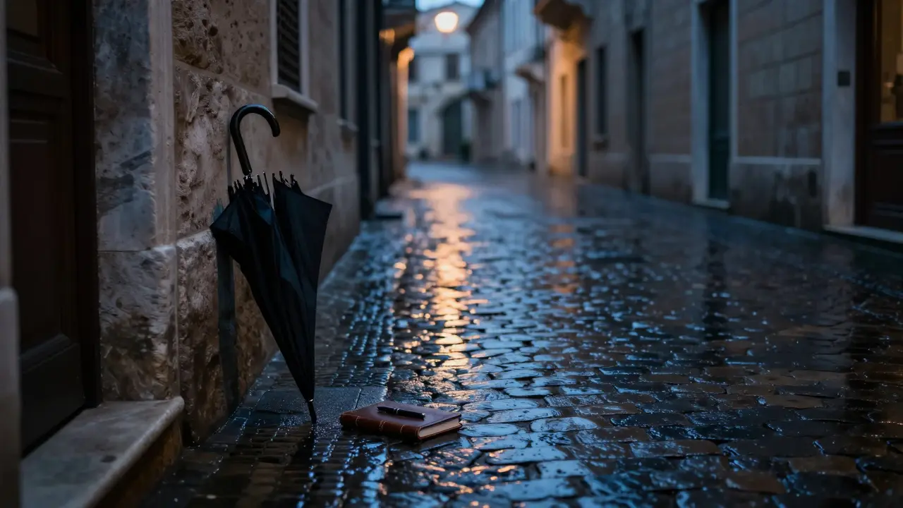An empty Brera alley at dusk with a notebook and umbrella, suggesting quiet trust.