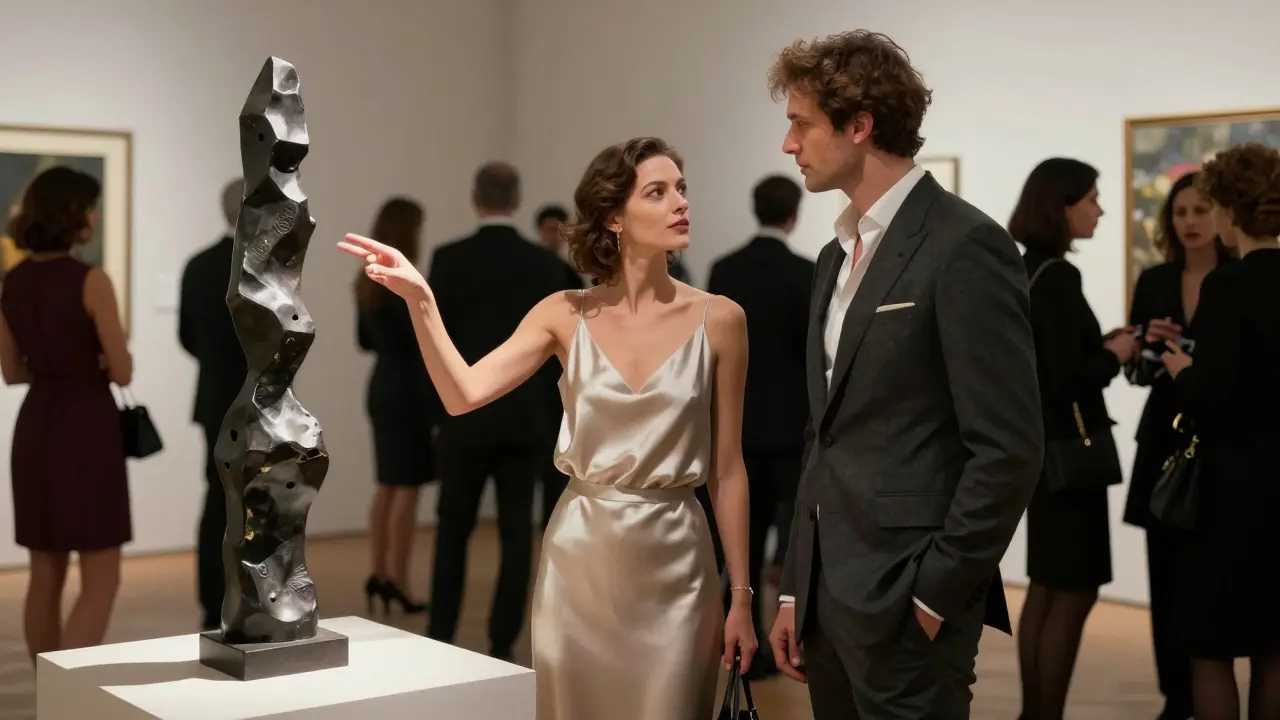 An escort and client observing art at a gallery opening, surrounded by elegantly dressed guests.