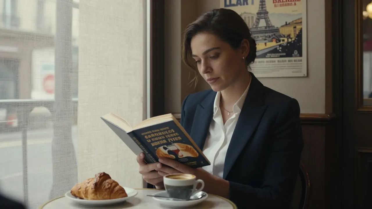 An escort reads quietly at a Parisian café, sunlight streaming through curtains, no phones or overt signs of commerce.