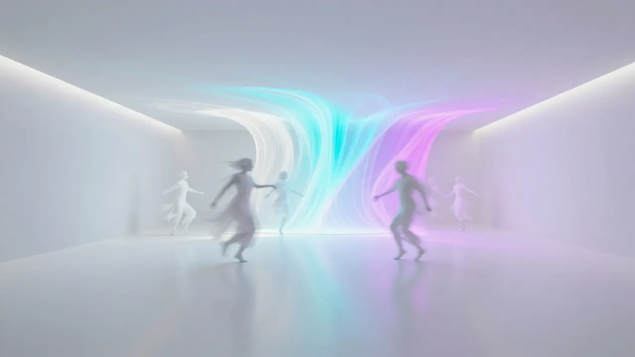 An immersive all-white nightclub where dancers blend into pulsing light patterns under rhythmic color beams.