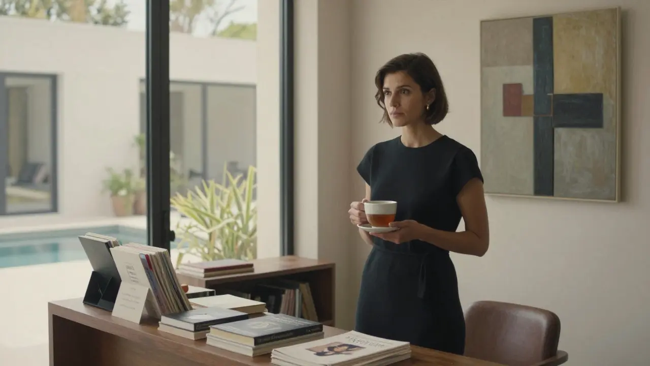 An intelligent woman in a minimalist dress contemplating art in a sunlit villa salon.