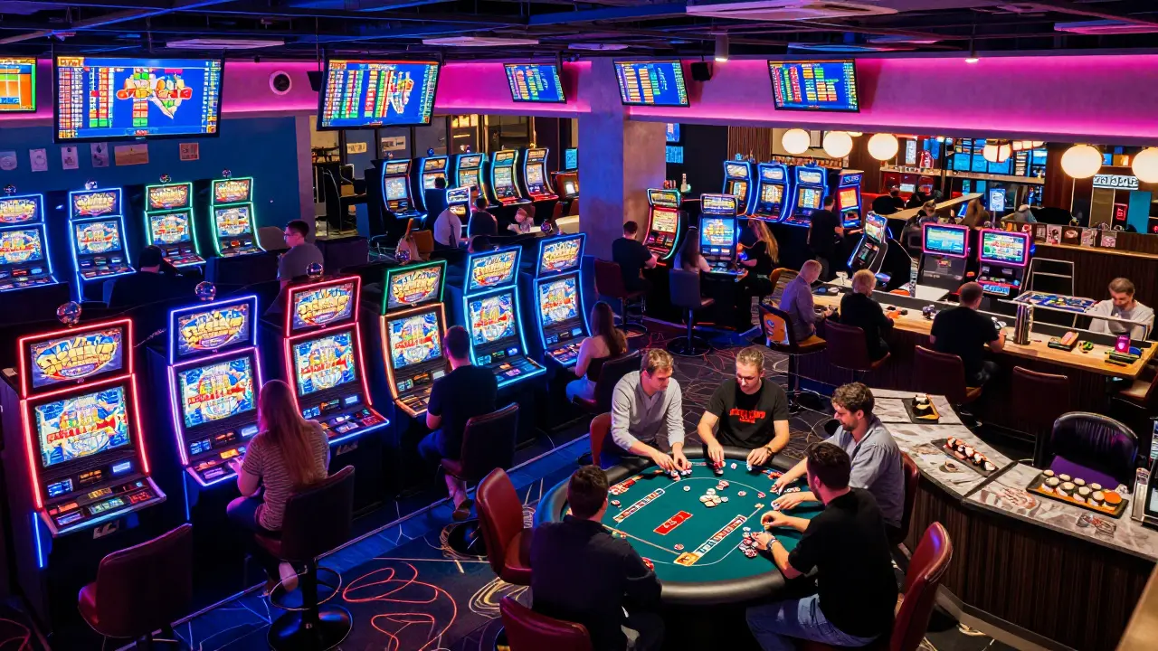 Busy Aspers Casino Stratford with glowing slot machines and a poker tournament in progress.