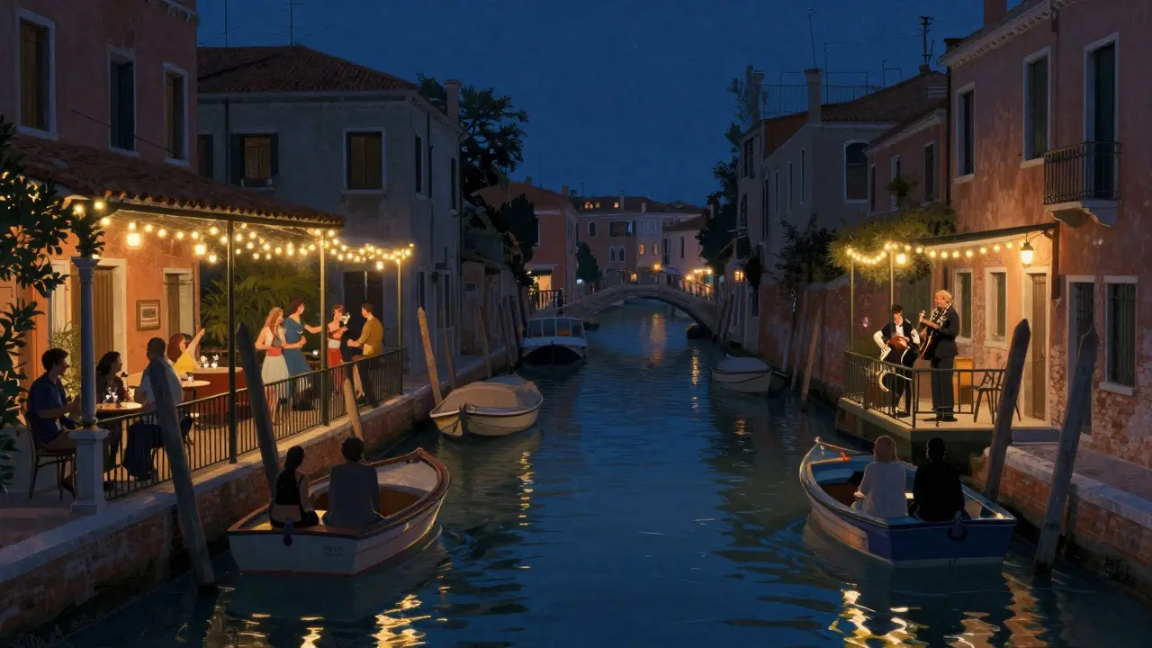 Canals in Navigli lit by string lights, people dancing and socializing by the water at night.