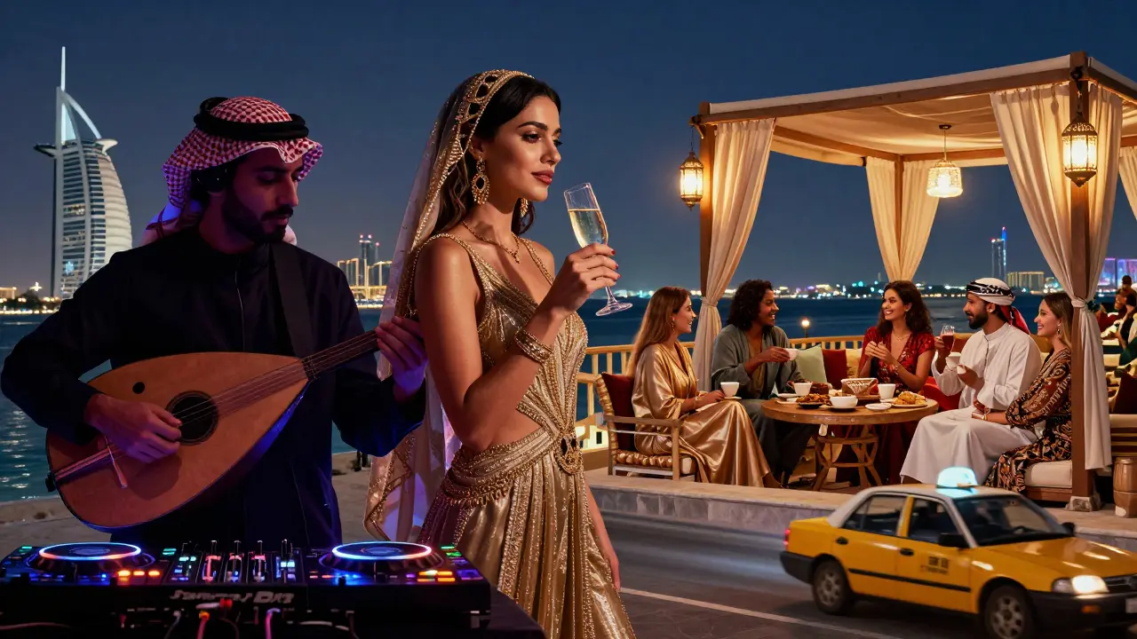 Collage of Dubai’s diverse nightlife: DJ mixing Arabic music, beach cabana, rooftop coffee, and speeding taxi.