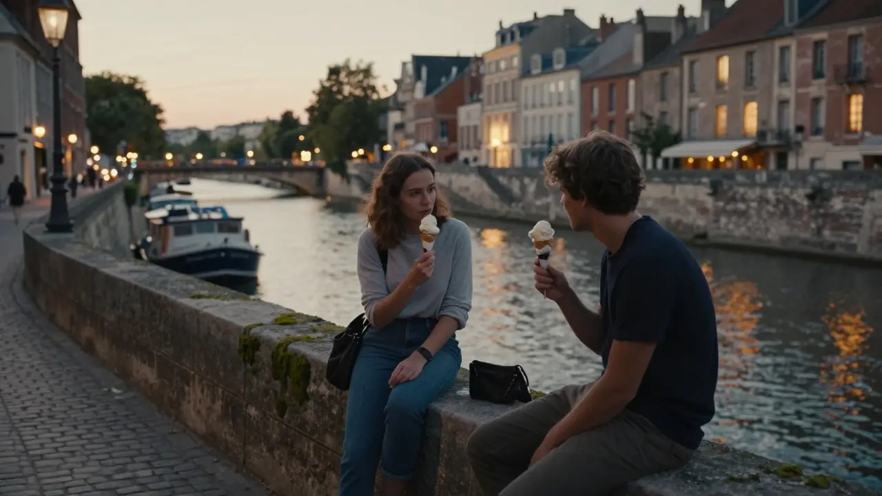Couple sharing ice cream on a stone wall by the Seine on Île Saint-Louis.