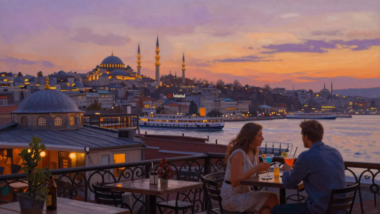 Couples enjoying cocktails on a rooftop with Istanbul&#039;s skyline glowing at dusk.
