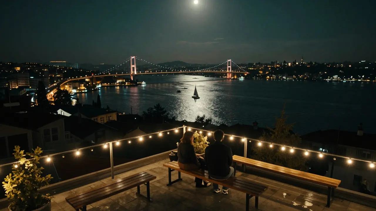 Couples on a quiet rooftop overlooking the illuminated Bosphorus at night.