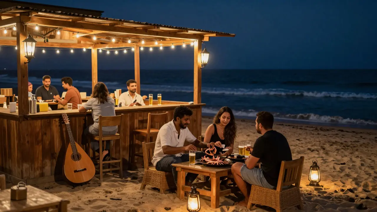 Cozy beach bar at night with string lights, people sharing food by the quiet ocean.