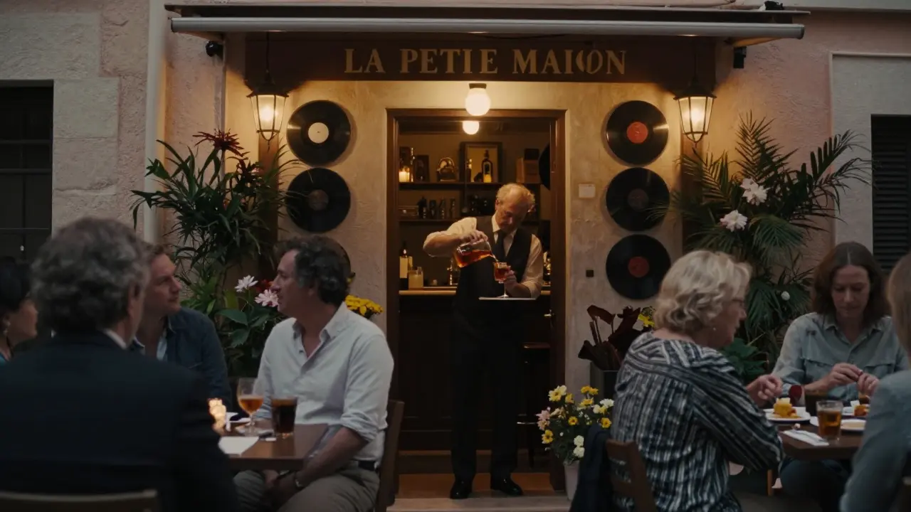 Cozy jazz bar La Petite Maison with bartender pouring a Negroni, no phones, warm lighting, hidden behind flowers.