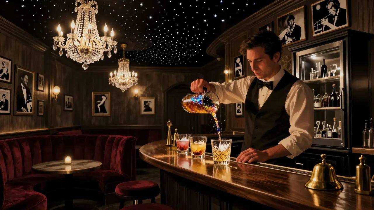 Cozy speakeasy with starry ceiling, velvet booths, and a bartender pouring a glittering cocktail in low light.
