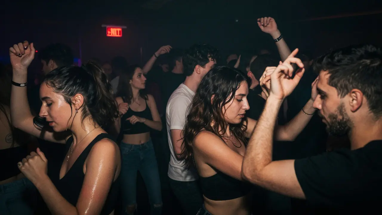 Crowd dancing in a dark underground club with pulsing lights and energetic movement.