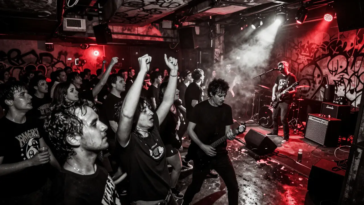 Crowd dancing in a graffiti-covered underground club with intense red lighting and live music.