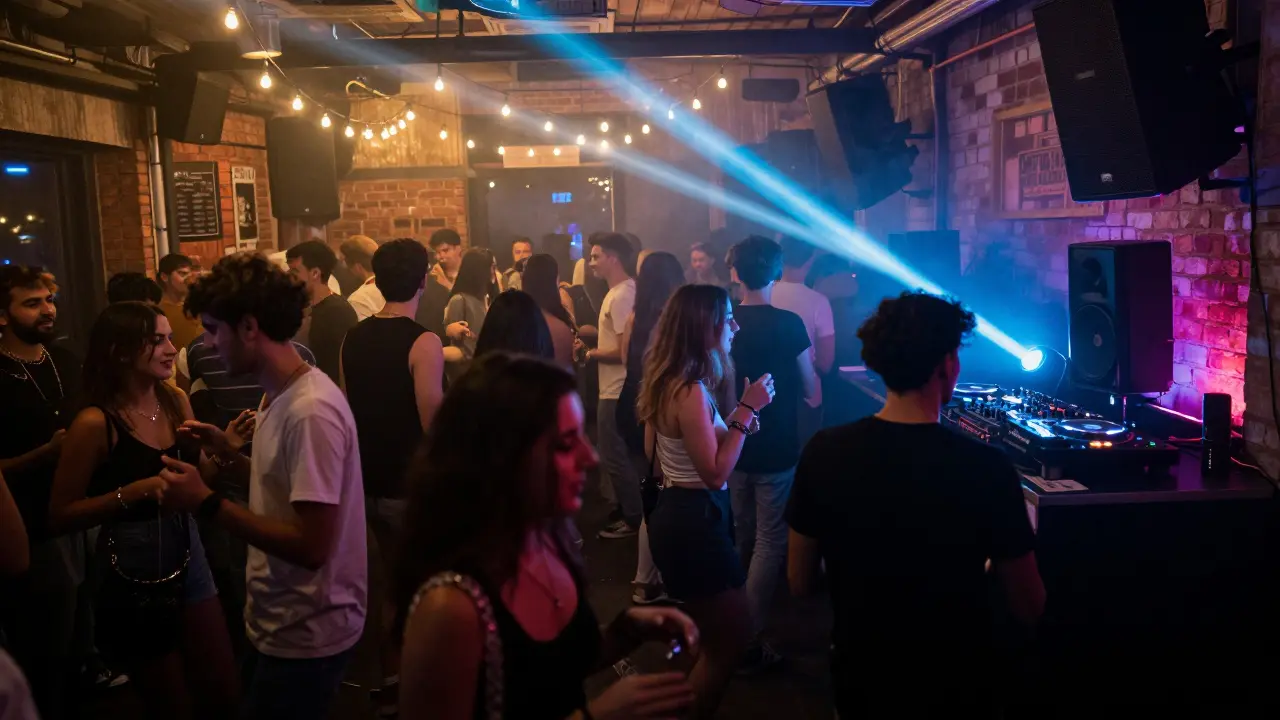 Crowd dancing in a smoke-filled basement club with strobe lights and vibrant energy.