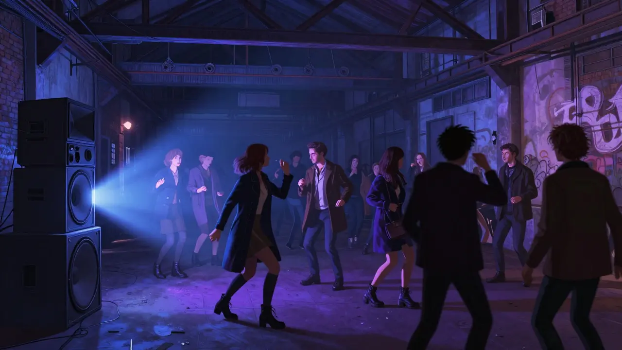 Crowd dancing in an industrial warehouse club with pulsing lights and exposed brick walls under midnight skies.