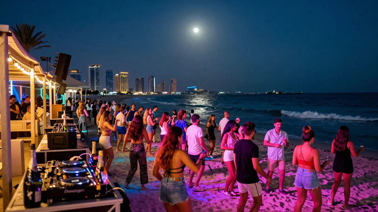 Crowd dancing under neon lights and string lights at a vibrant beach club after dark.