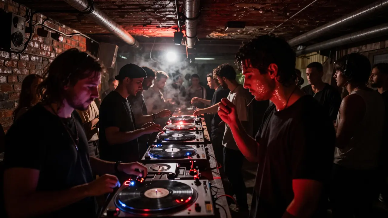 Crowd moving intensely in a dim, brick-walled underground club to techno music.