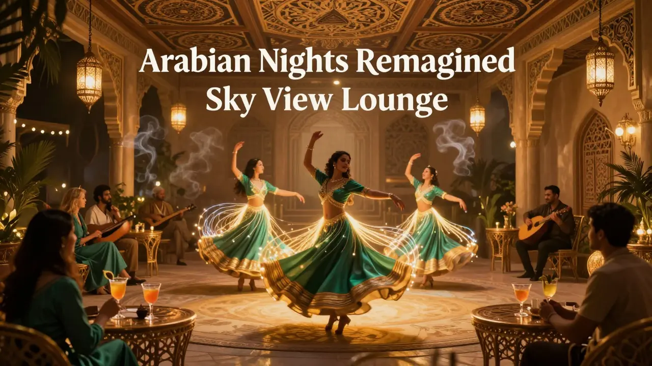 Dancers in glowing skirts performing beneath lantern-lit arches while guests sip exotic cocktails at an Arabian Nights event.