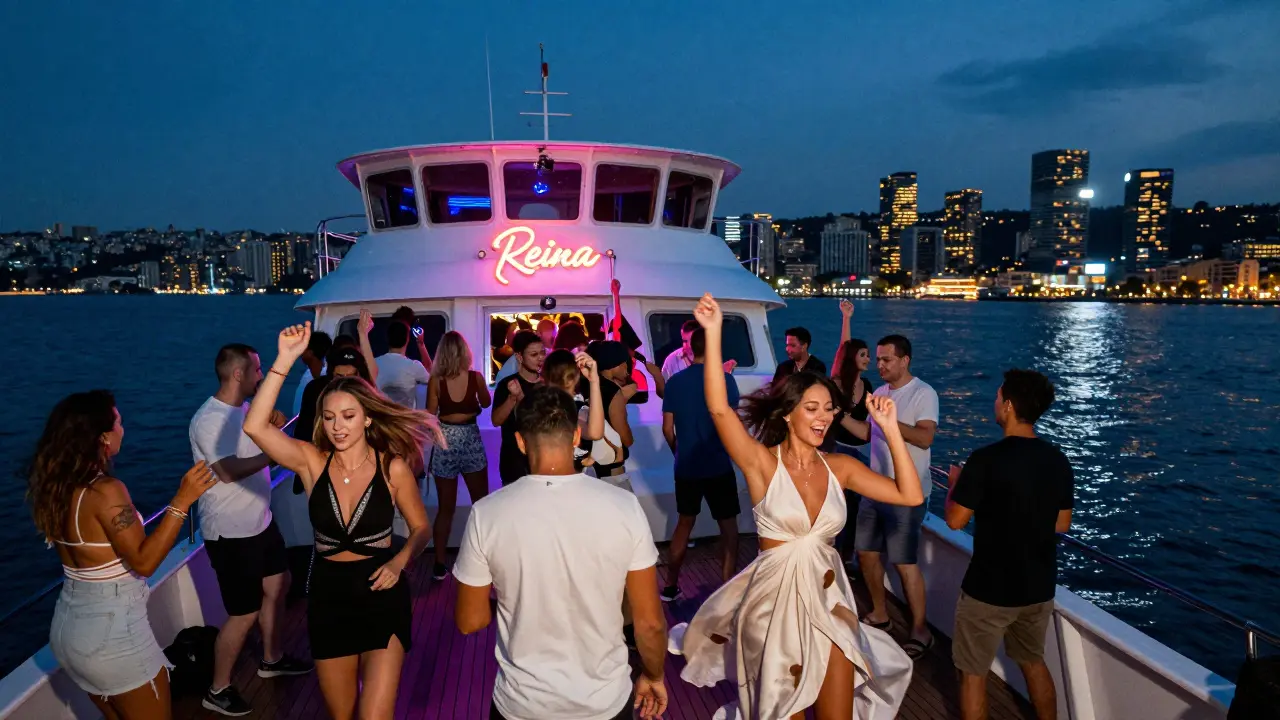 Dancing crowd on a boat nightclub at midnight on the Bosphorus, city lights glowing behind them.