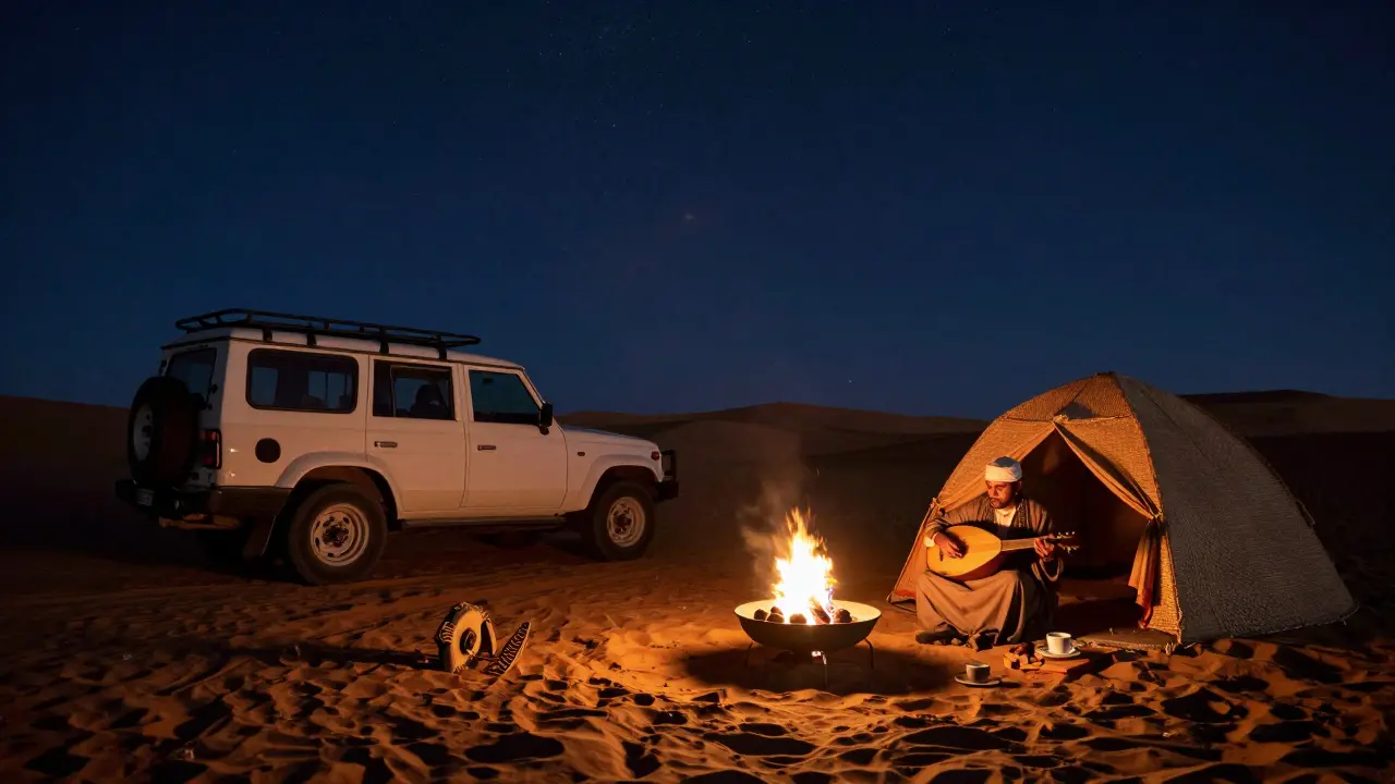 Desert lounge at night with firepit, oud player, and starry sky in a quiet, secluded dune setting.