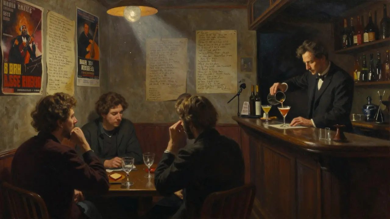 Dim jazz bar with poets and musicians, walls covered in handwritten poetry.