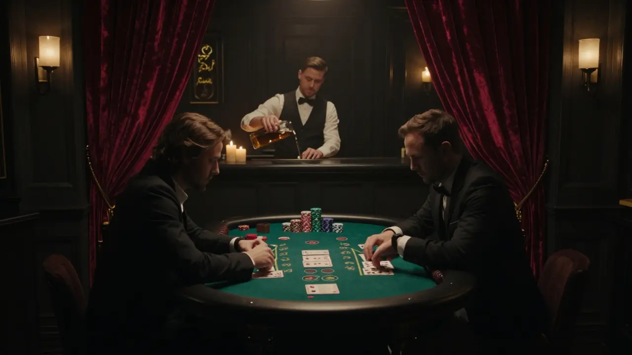 Dimly lit underground blackjack table at Casino London with focused players and whiskey bar.
