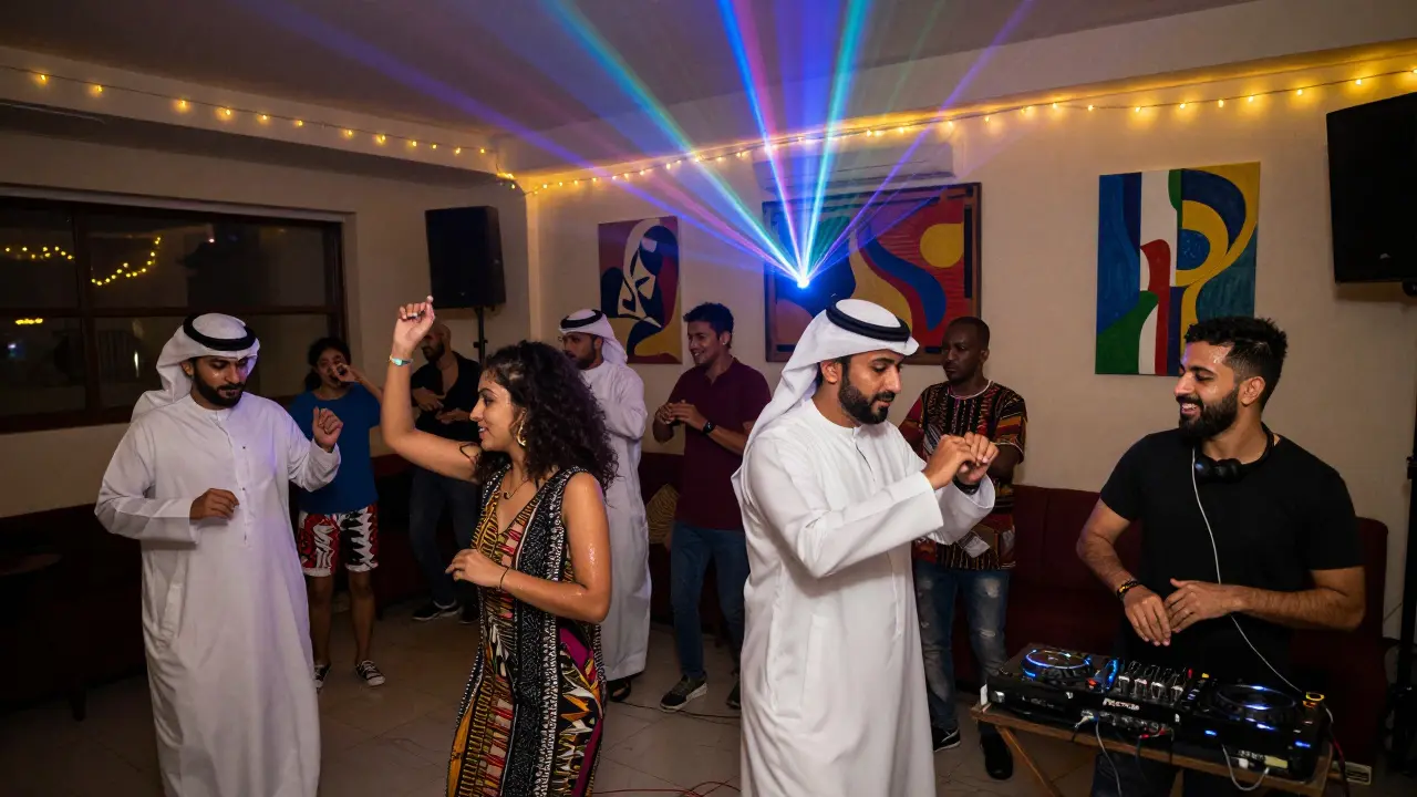 Diverse crowd dancing in a vibrant club with DJs and musicians from around the world under string lights and lasers.