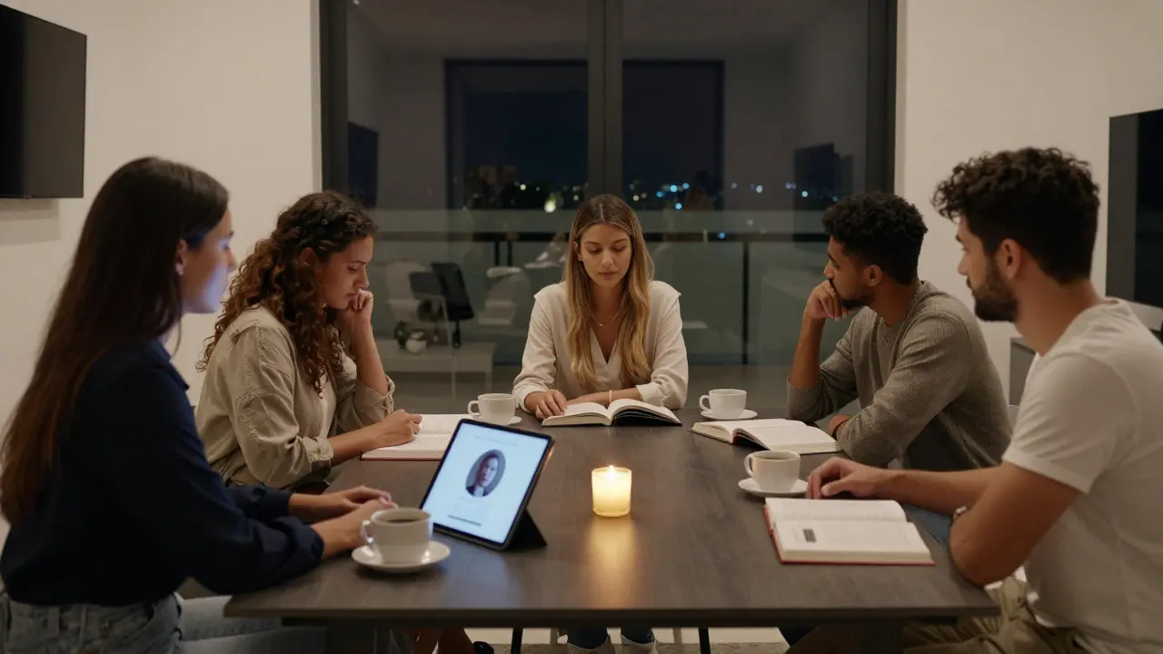 Diverse individuals share a peaceful evening of quiet reflection and conversation in a modern Abu Dhabi apartment.