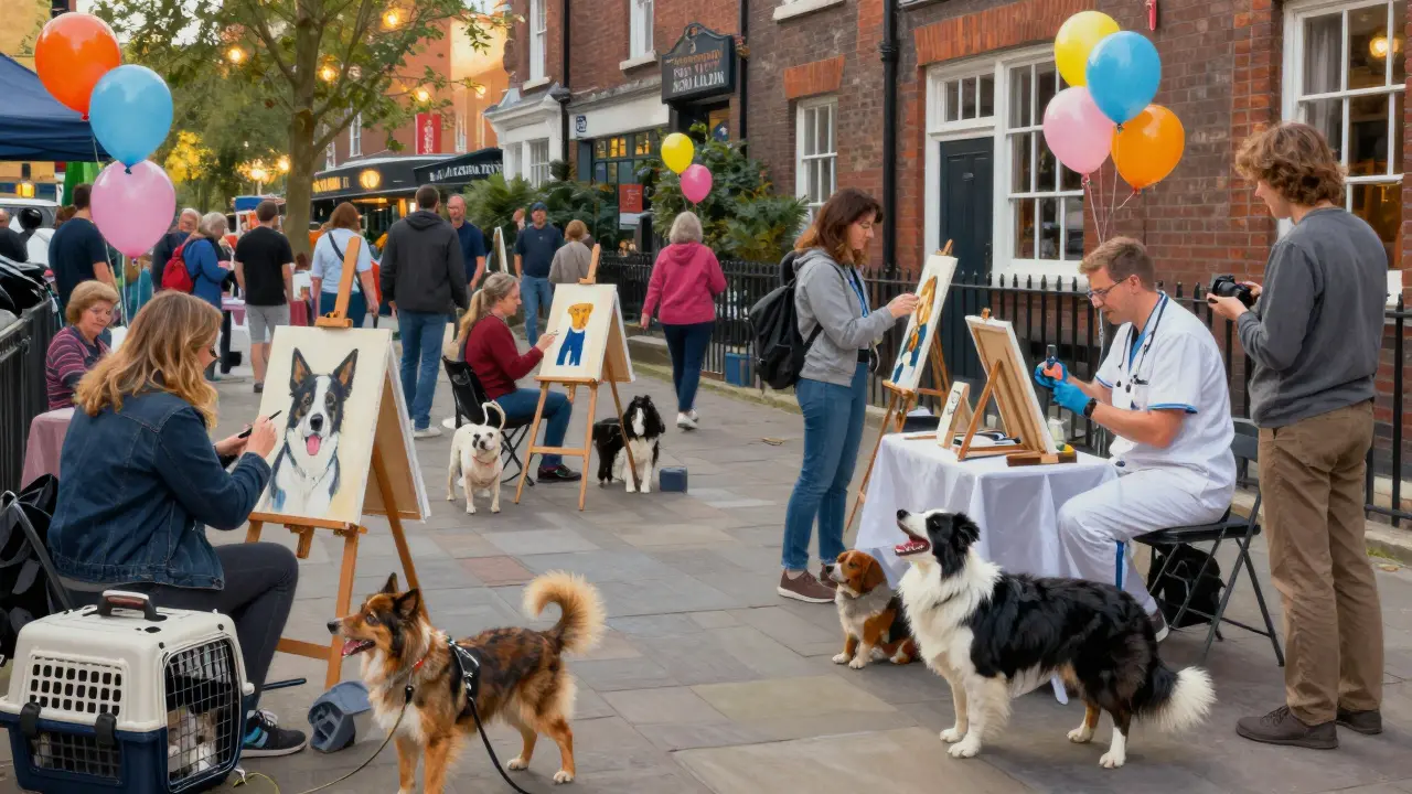 Dogs and owners gather at a monthly pet event with artists painting portraits and a vet checking teeth.