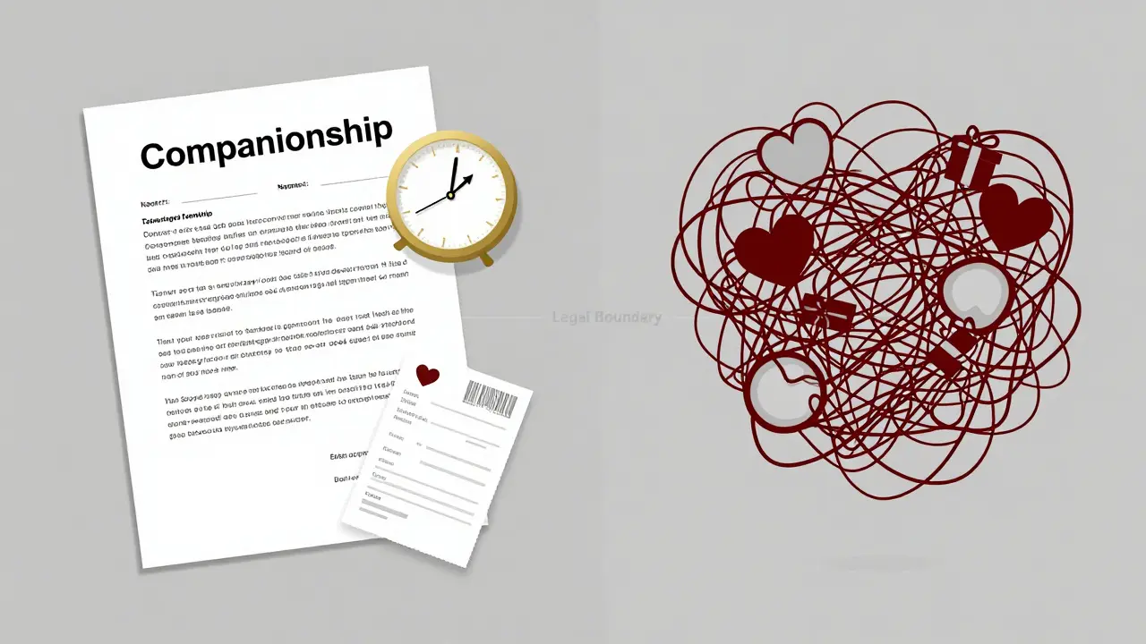 Dual-panel concept: clear contract vs tangled emotional web, separated by a legal boundary line.