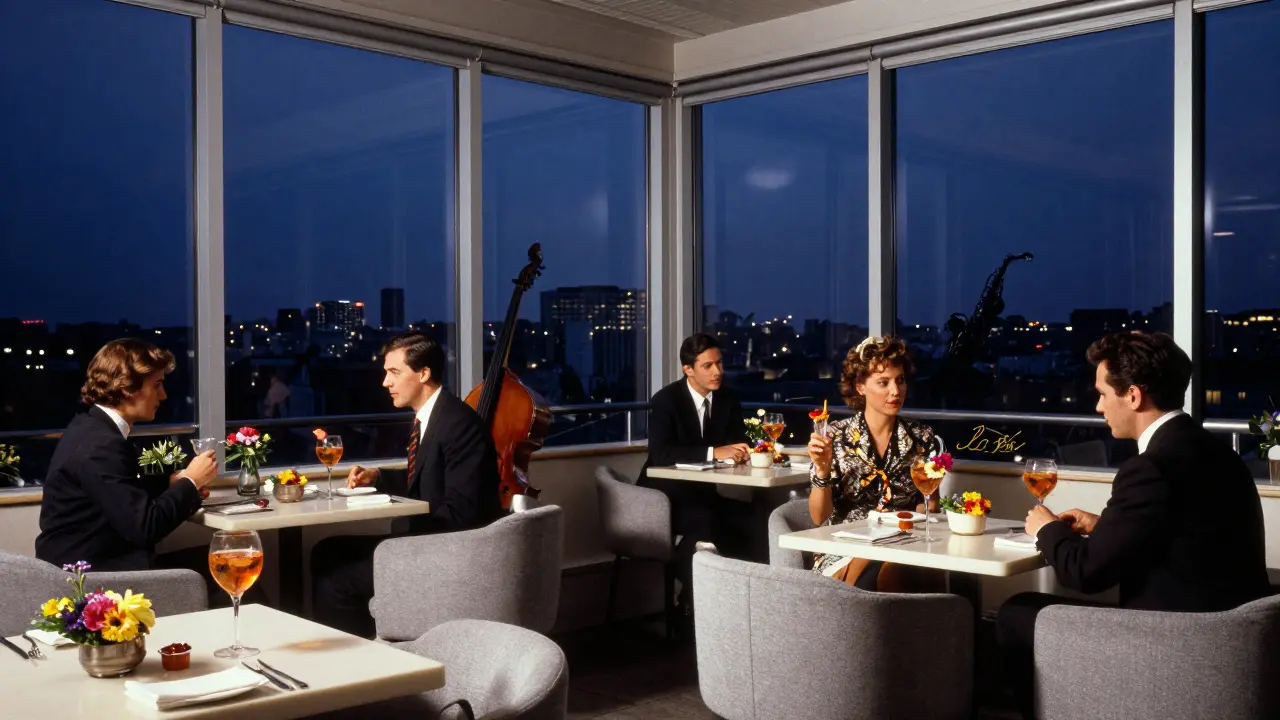 Elegant guests at a rooftop bar overlooking Milan’s skyline, sipping crafted cocktails under soft night lighting.